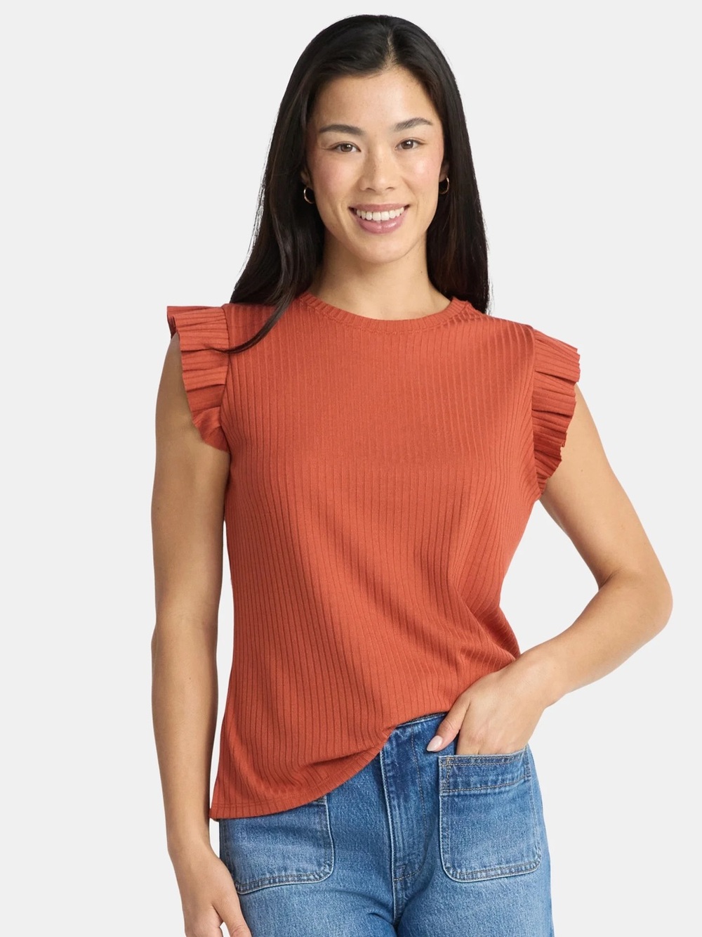 Time and Tru Ribbed Flutter Sleeve Tank Top in Rust